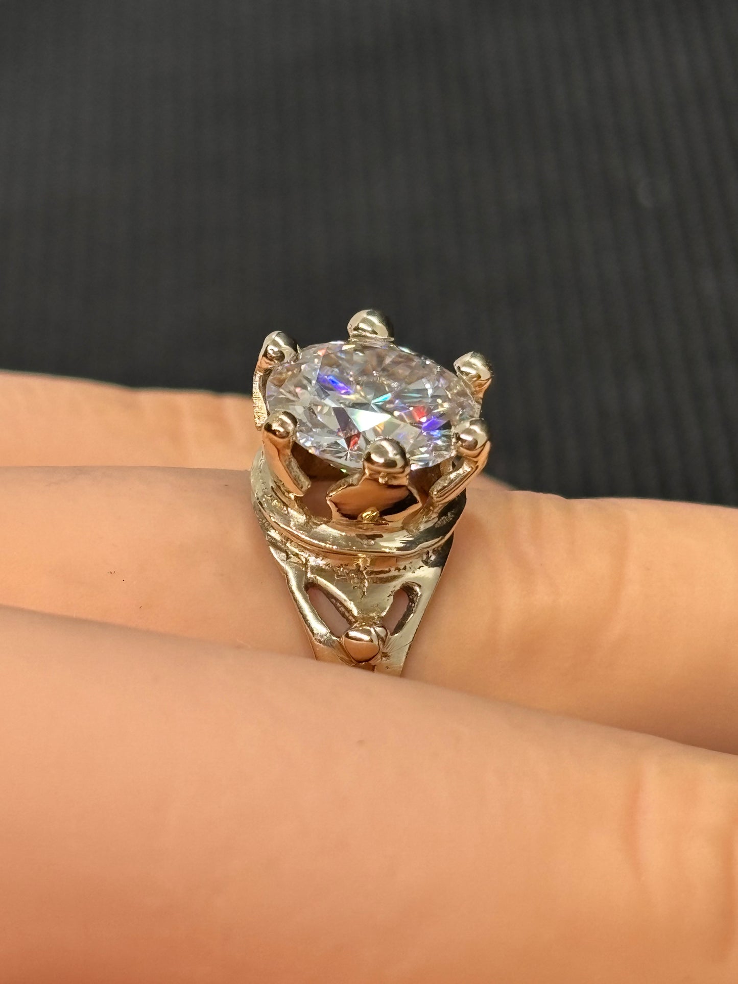 Super cool 14k yellow gold crown ring with a 3 carat GRA Moissanite, size 6