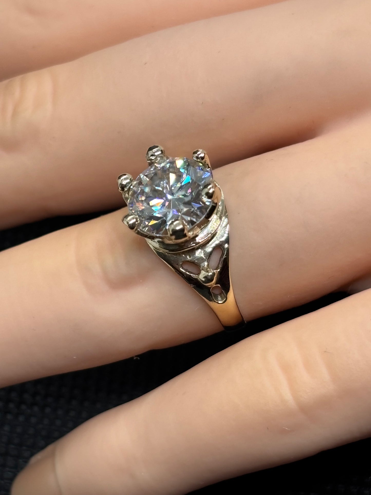 Super cool 14k yellow gold crown ring with a 3 carat GRA Moissanite, size 6