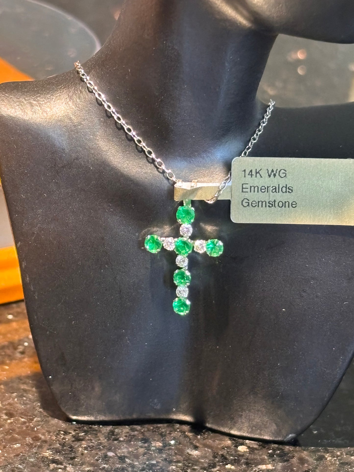 14k white gold chain & cross pendant with green & white CZ