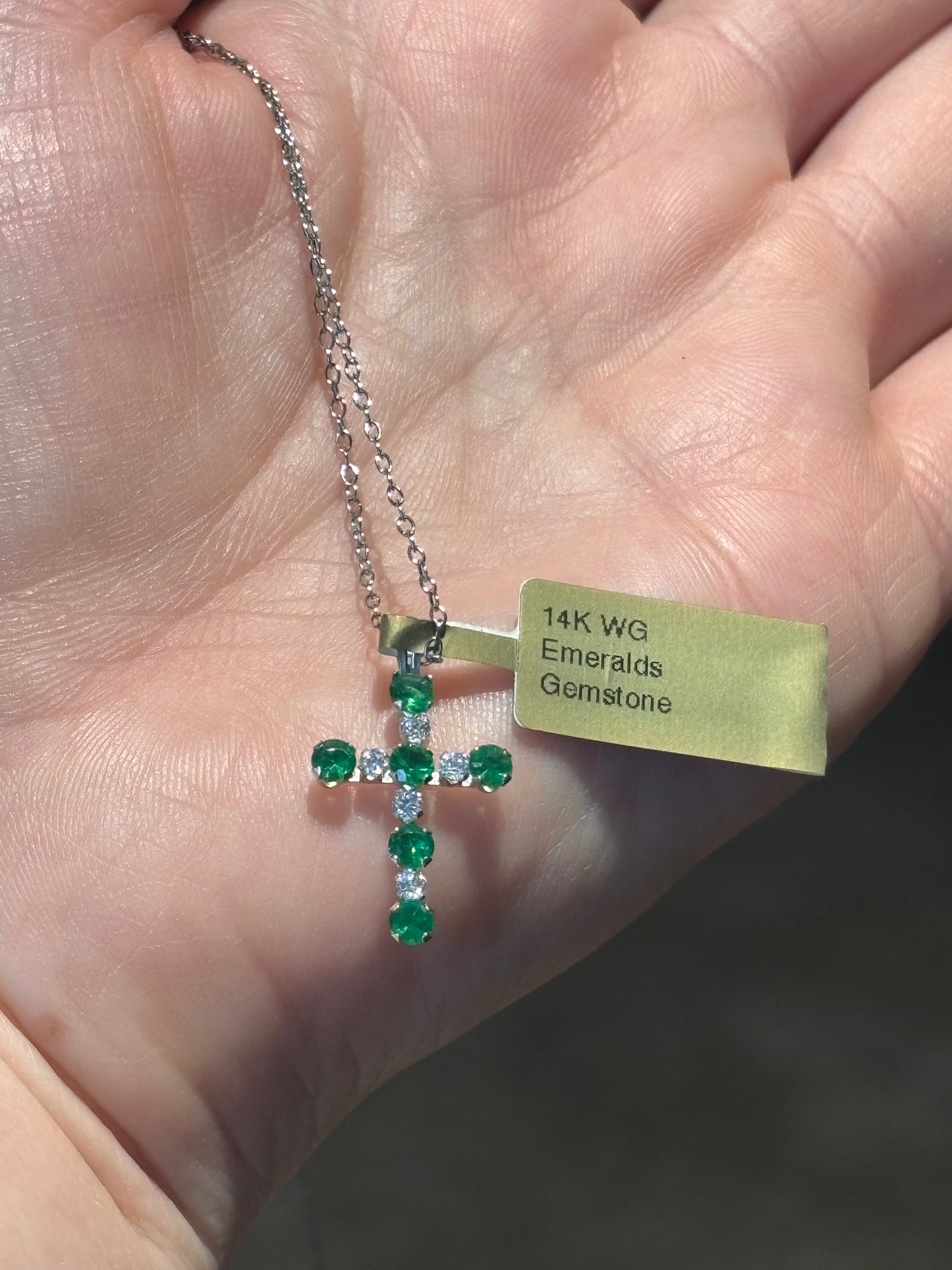 14k white gold chain & cross pendant with green & white CZ
