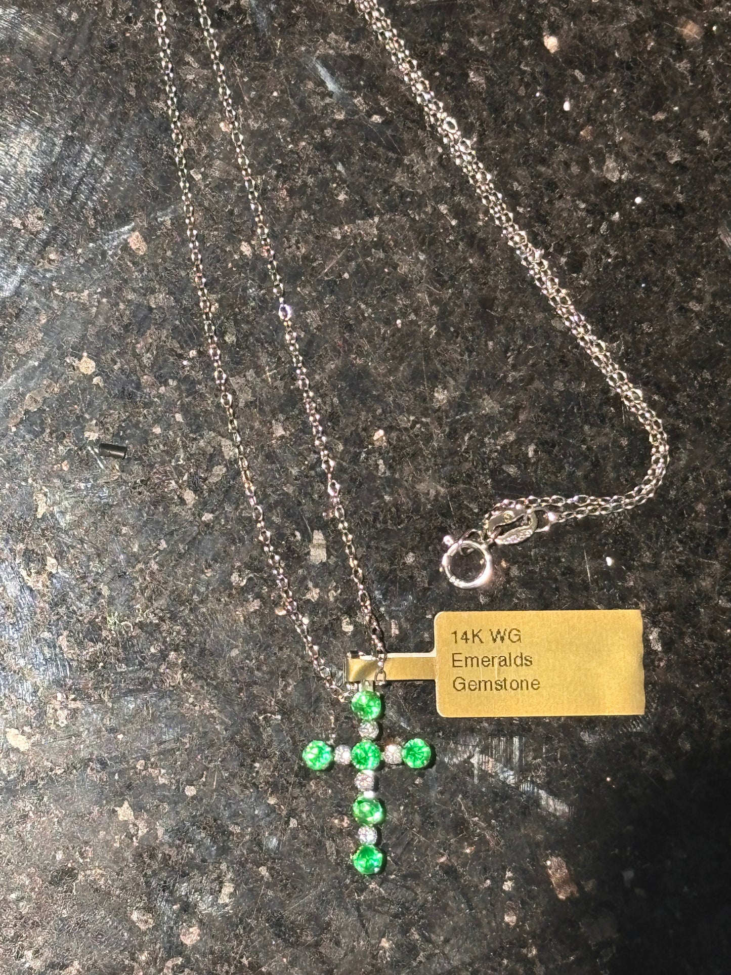 14k white gold chain & cross pendant with green & white CZ