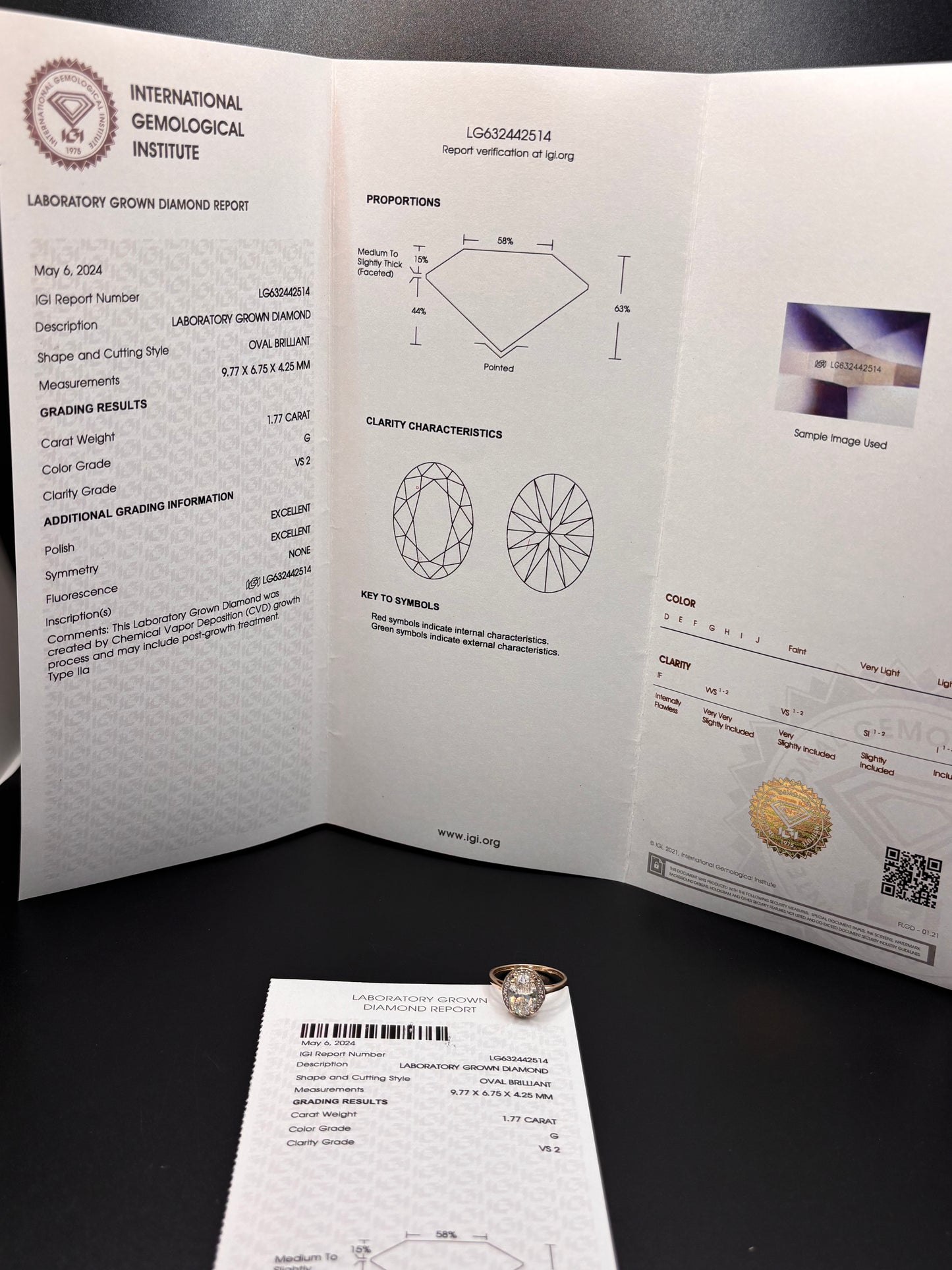 1.77ct genuine IGI lab grown diamond in 10k yellow gold halo setting, size 7