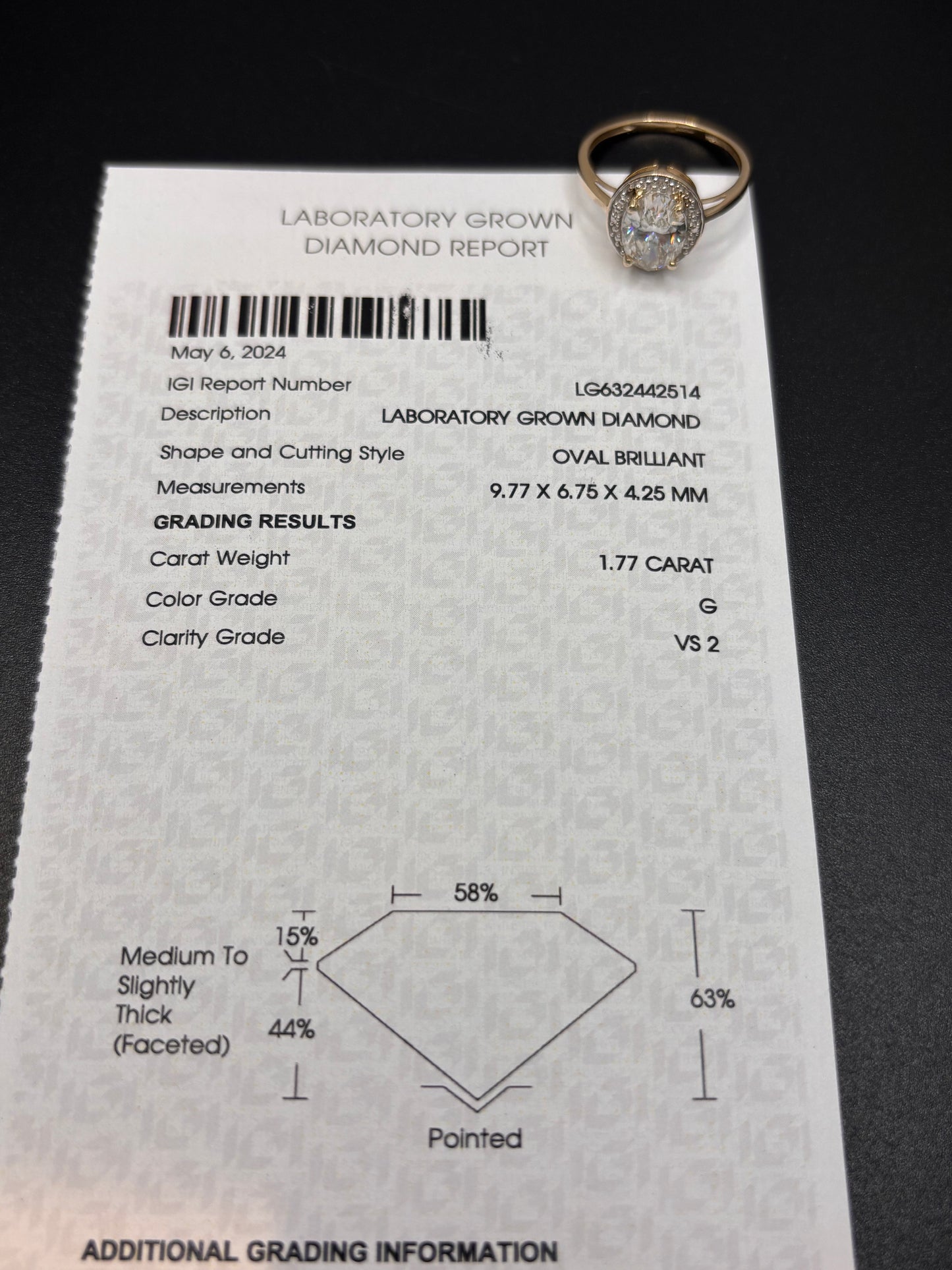 1.77ct genuine IGI lab grown diamond in 10k yellow gold halo setting, size 7