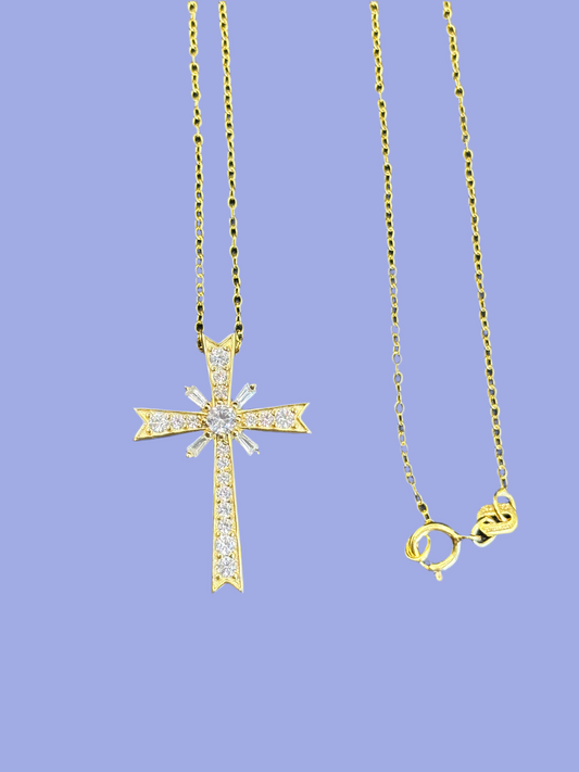 14k gold plating over sterling silver cross with white sapphires