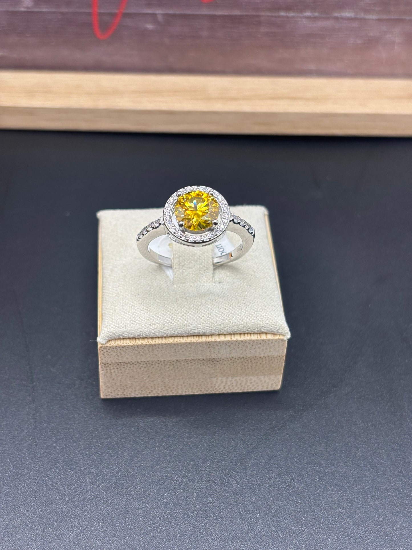 Sterling silver halo style ring with a 2ct GRA yellow Moissanite