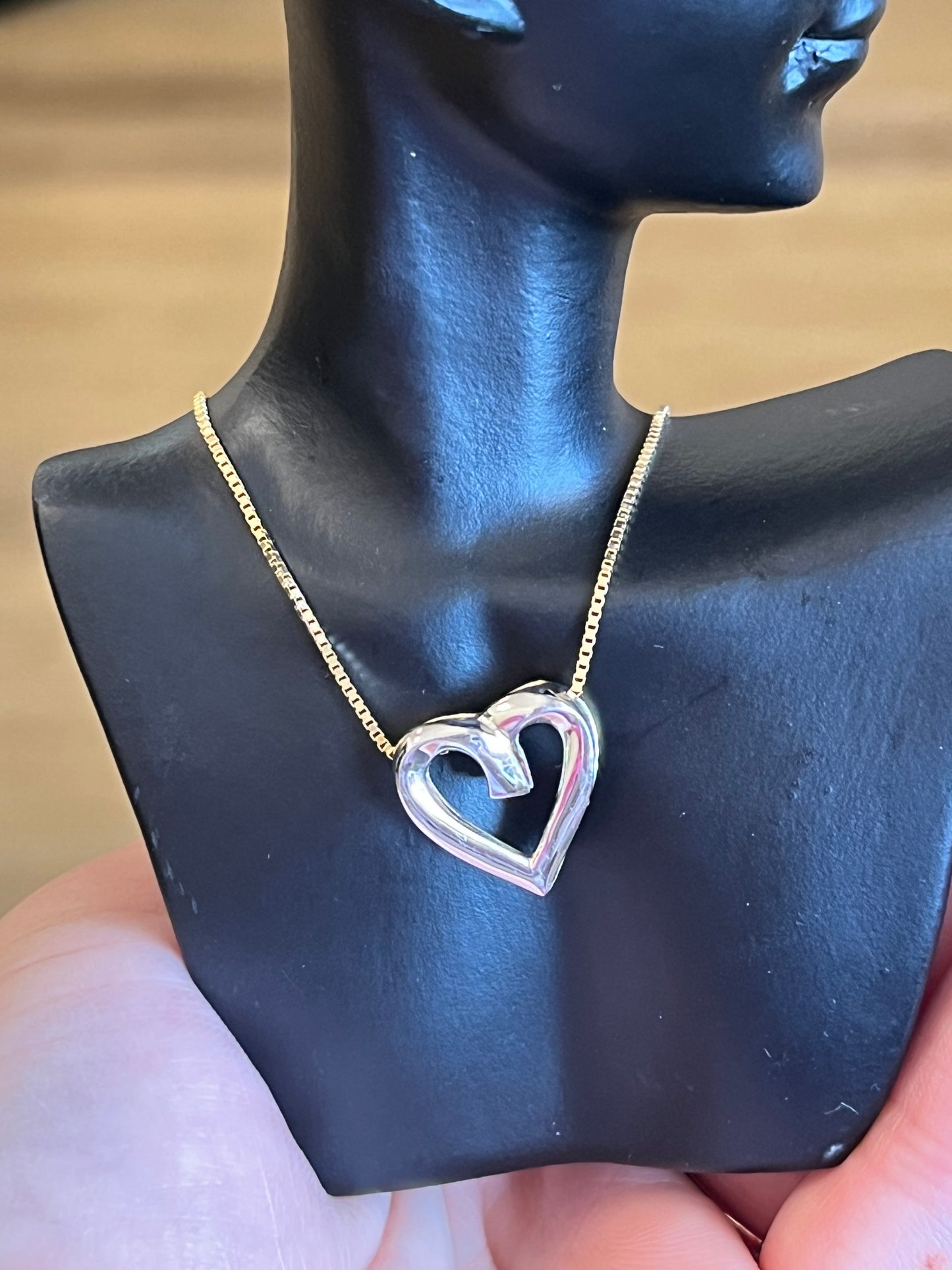 Reversible 10k yellow/white gold heart pendant on 14k yellow gold box chain, 18”