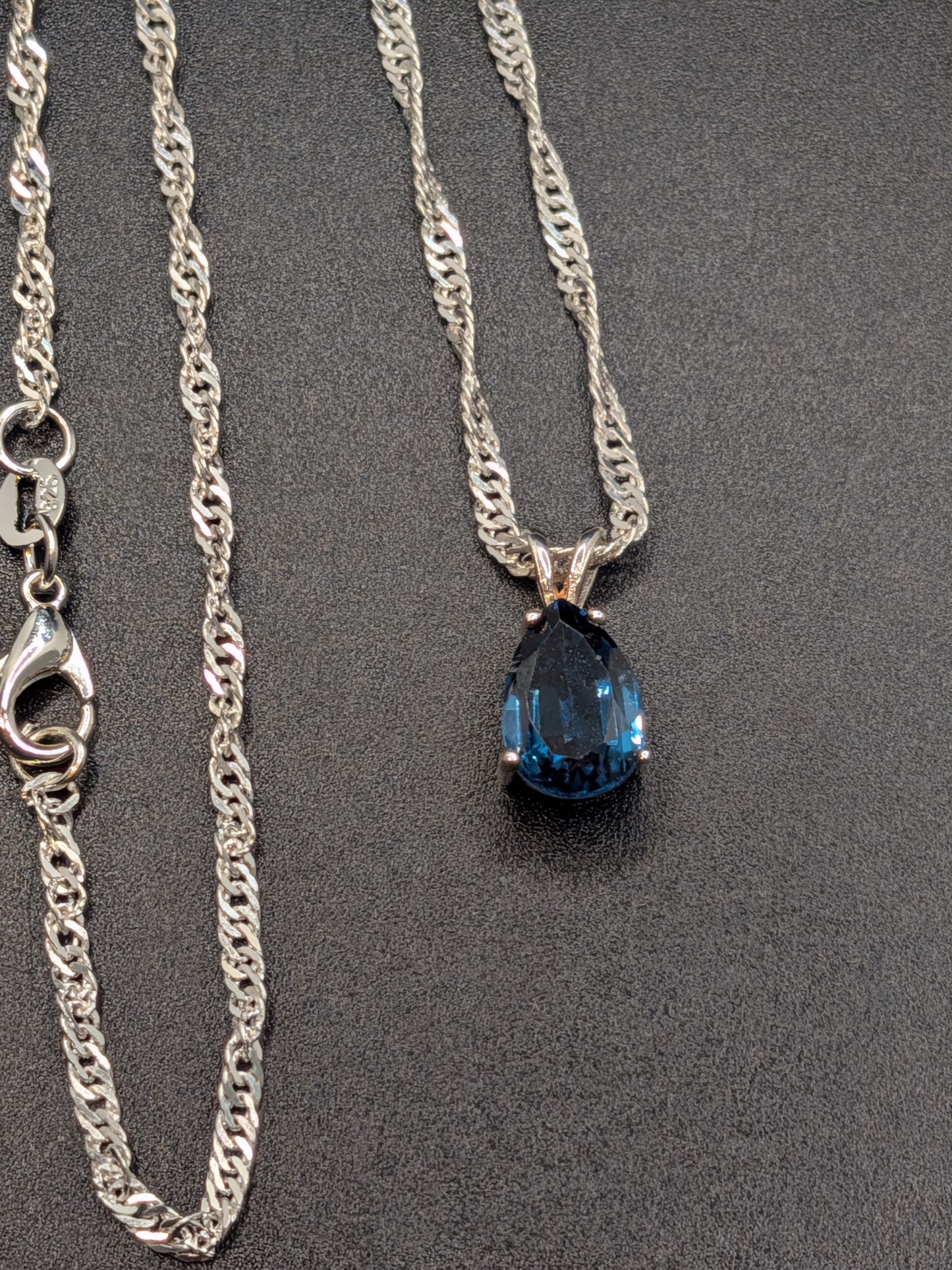 18” sterling silver twist rope necklace with aqua tourmaline sterling pendant