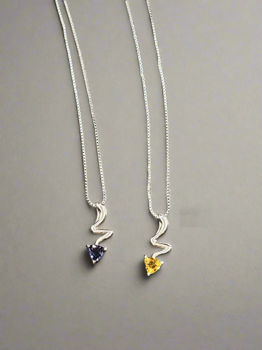 18” sterling silver box chain with yellow or purple stone pendant