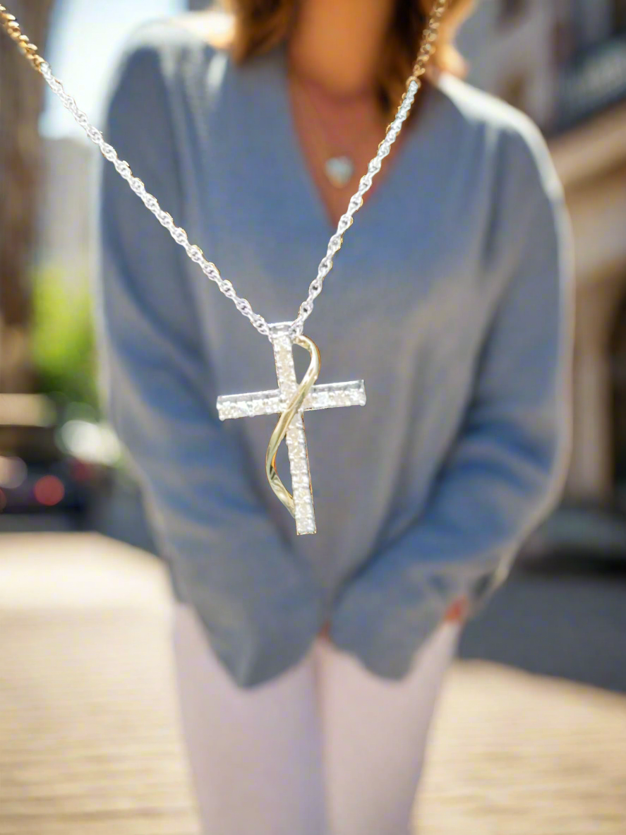 14k white gold chain with 10k two toned gold & Moissanite cross