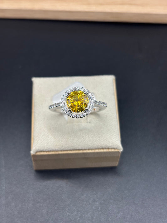 Sterling silver halo style ring with a 2ct GRA yellow Moissanite