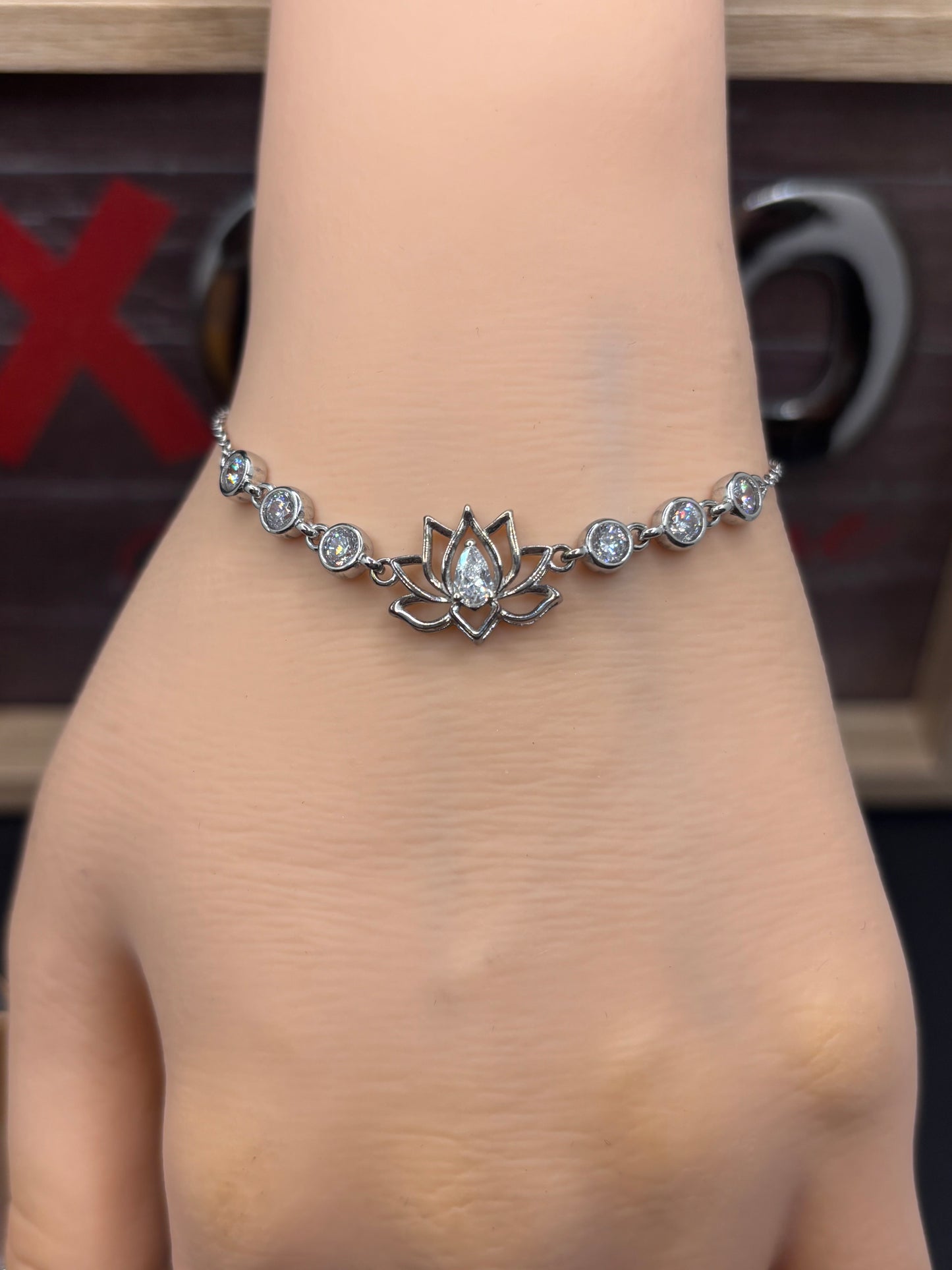 Sterling silver Moissanite & zirconia lotus flower adjustable bracelet