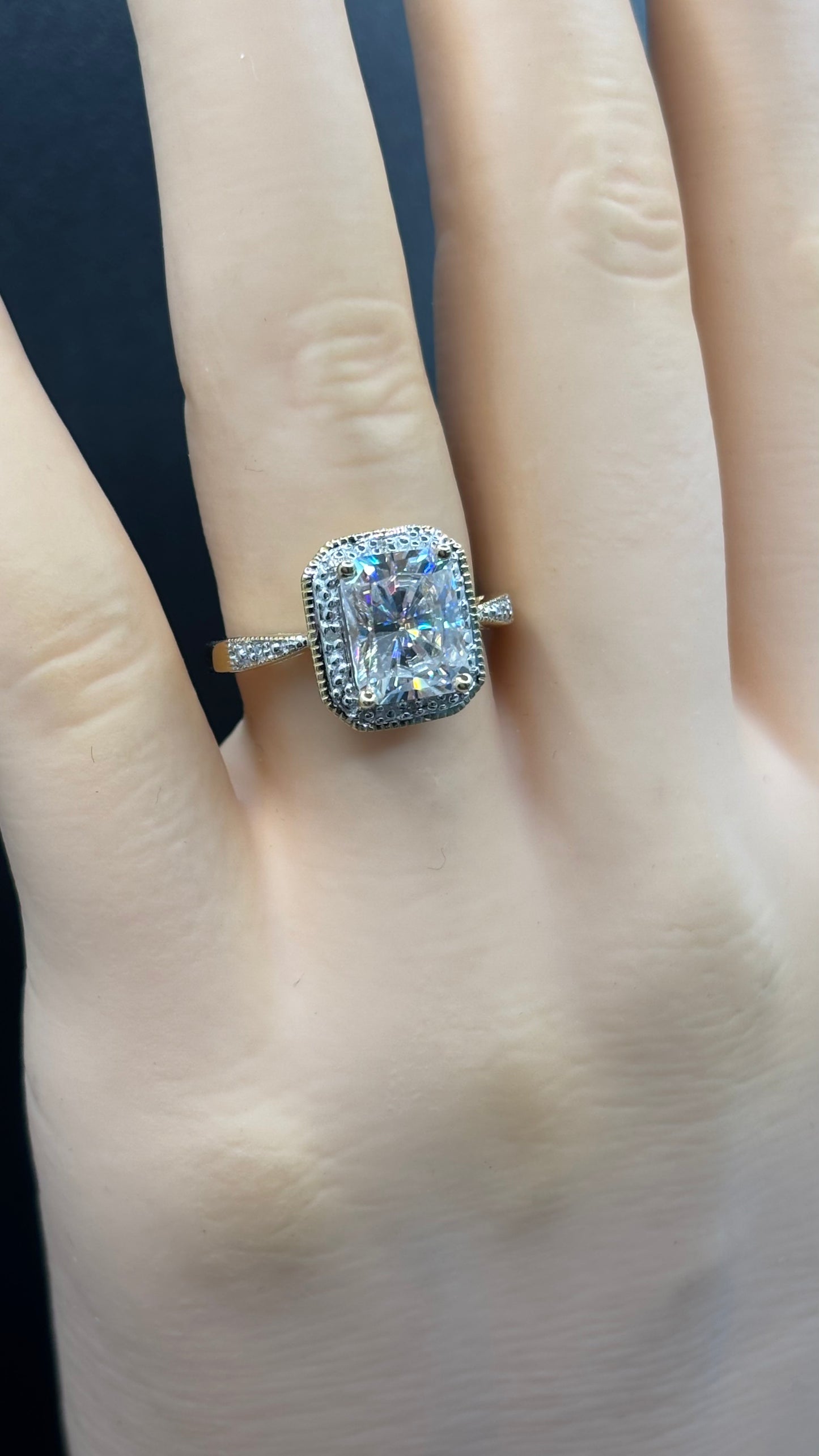 3ct radiant cut Moissanite & 10k gold ring, size 5.75