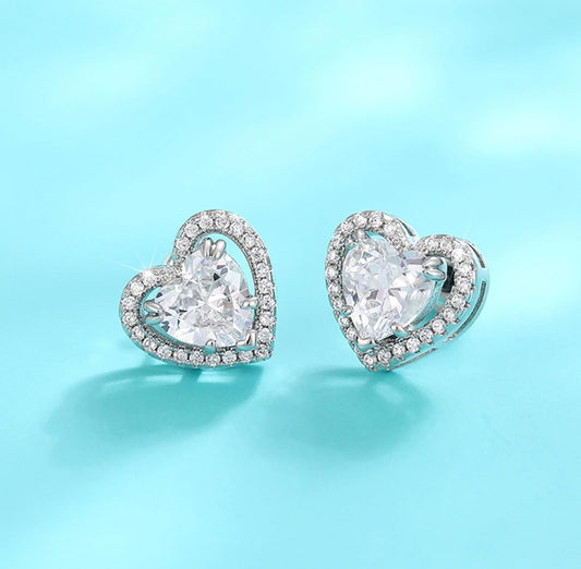 925 Sterling Silver Earrings sparkling heart halo studs