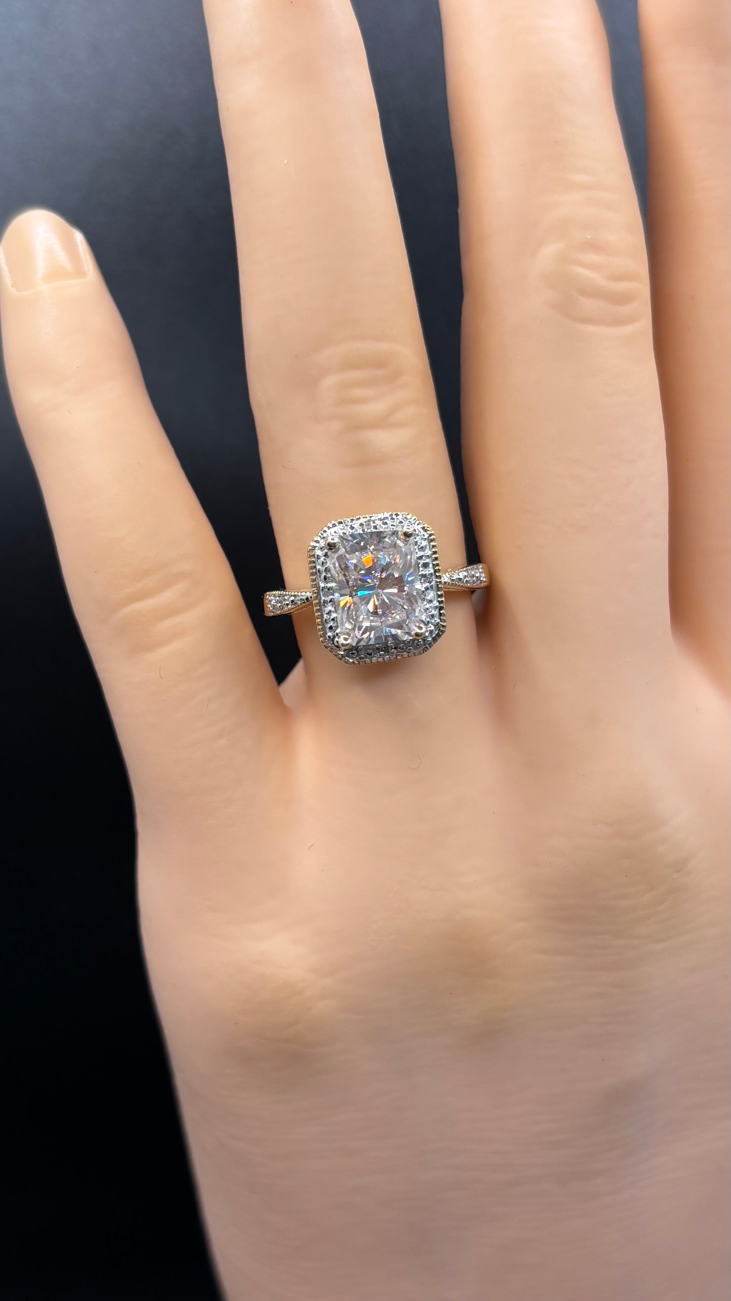 3ct radiant cut Moissanite & 10k gold ring, size 5.75