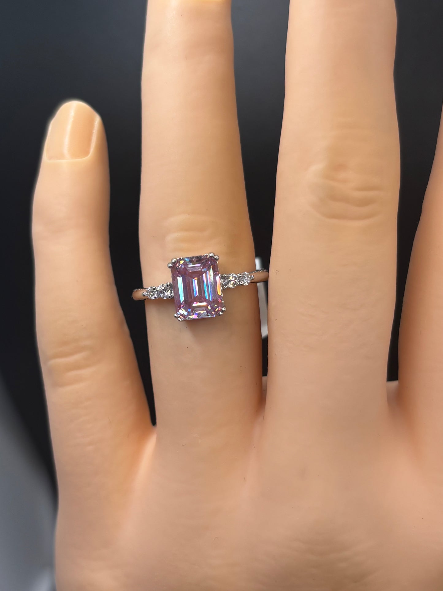 Beautiful emerald cut colored Moissanite & sterling silver ring