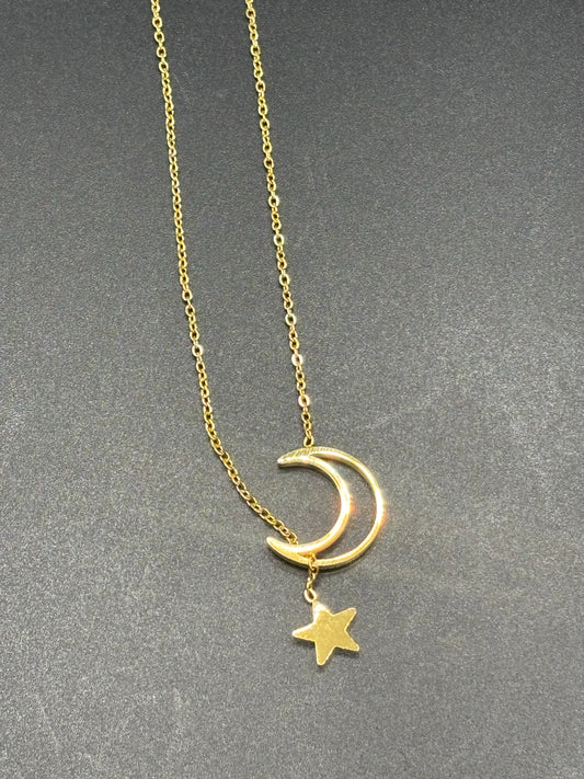 18” gold later stainless steel moon & star necklace