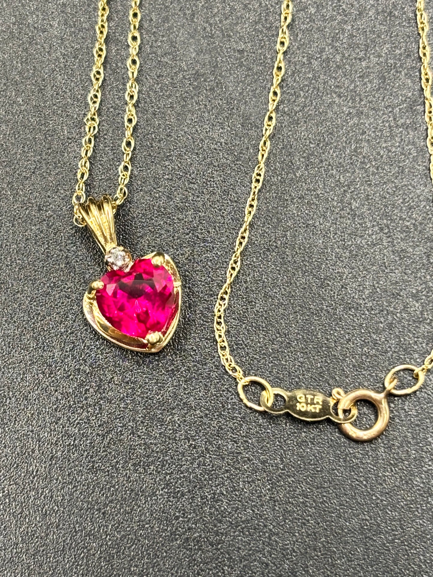 18” 10k yellow gold chain & heart pendant with diamond accent & synthetic ruby