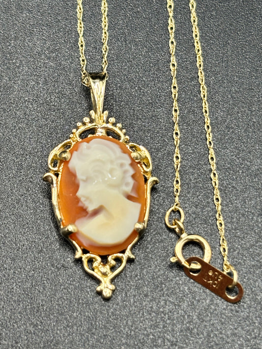 10k yellow gold carved shell cameo pendant on 18” gold chain