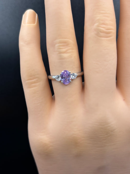 *Preowned* dainty 10k white gold ring with purple & clear zirconias