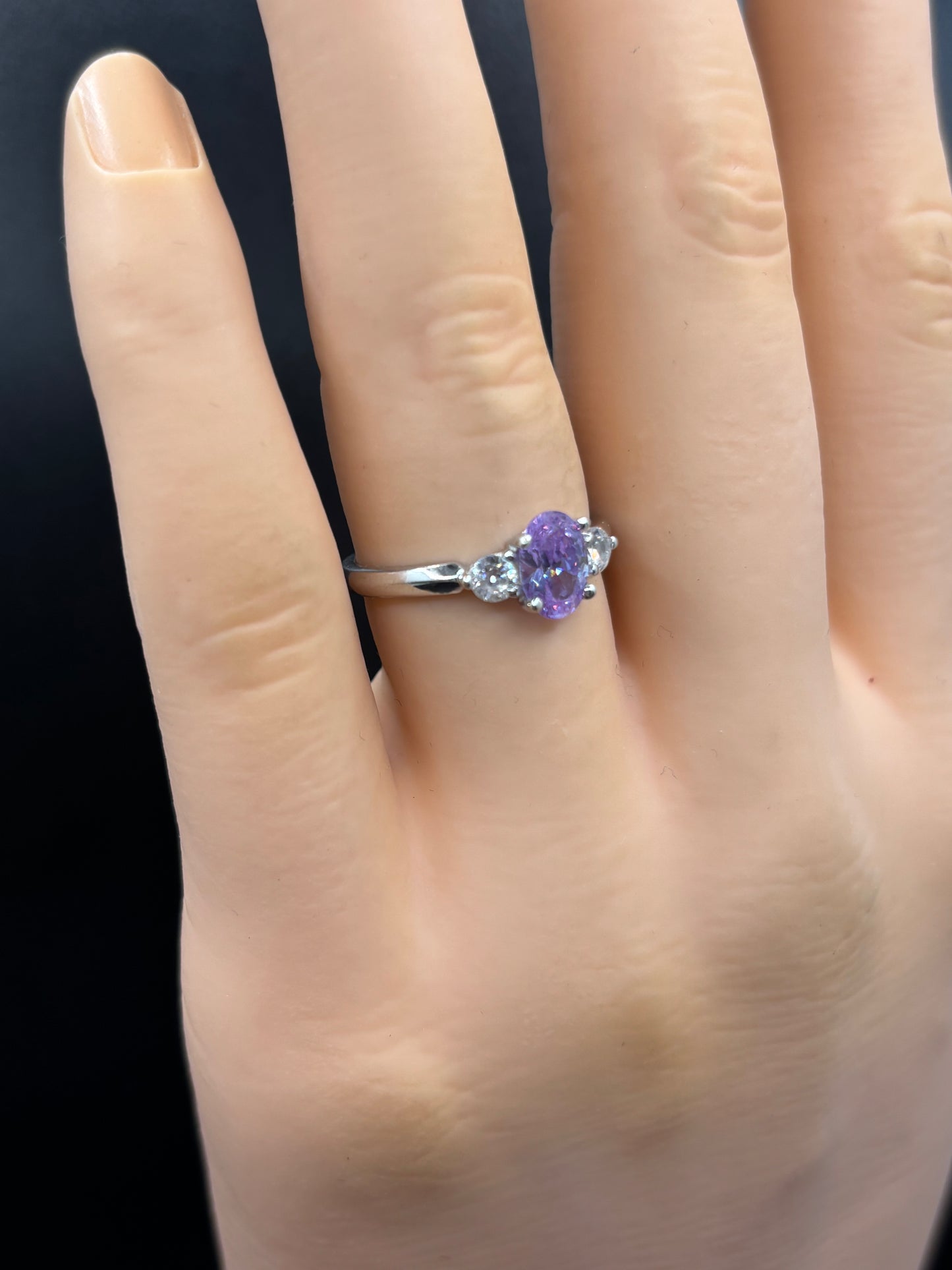 *Preowned* dainty 10k white gold ring with purple & clear zirconias