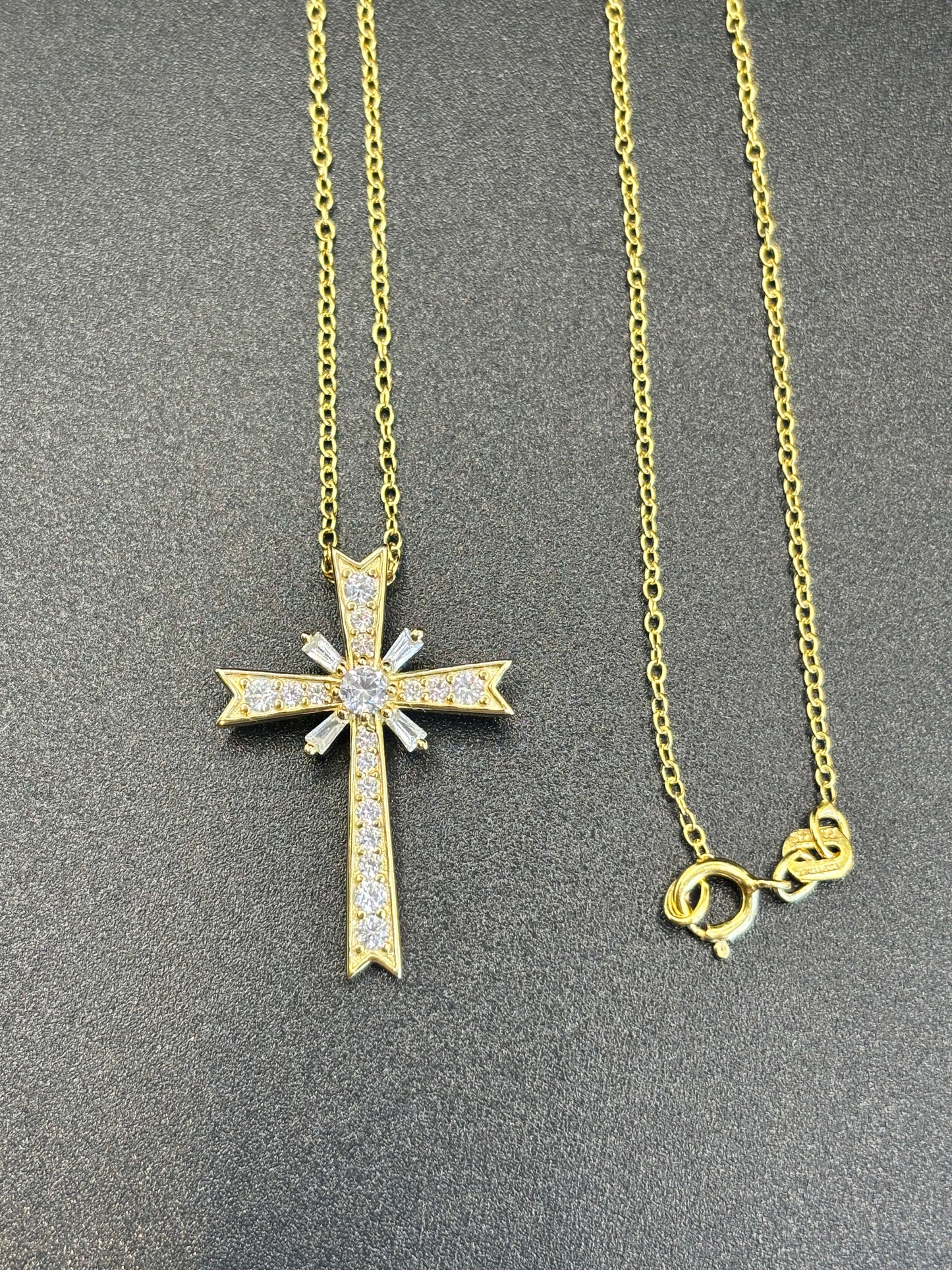 14k gold plating over sterling silver cross with white sapphires
