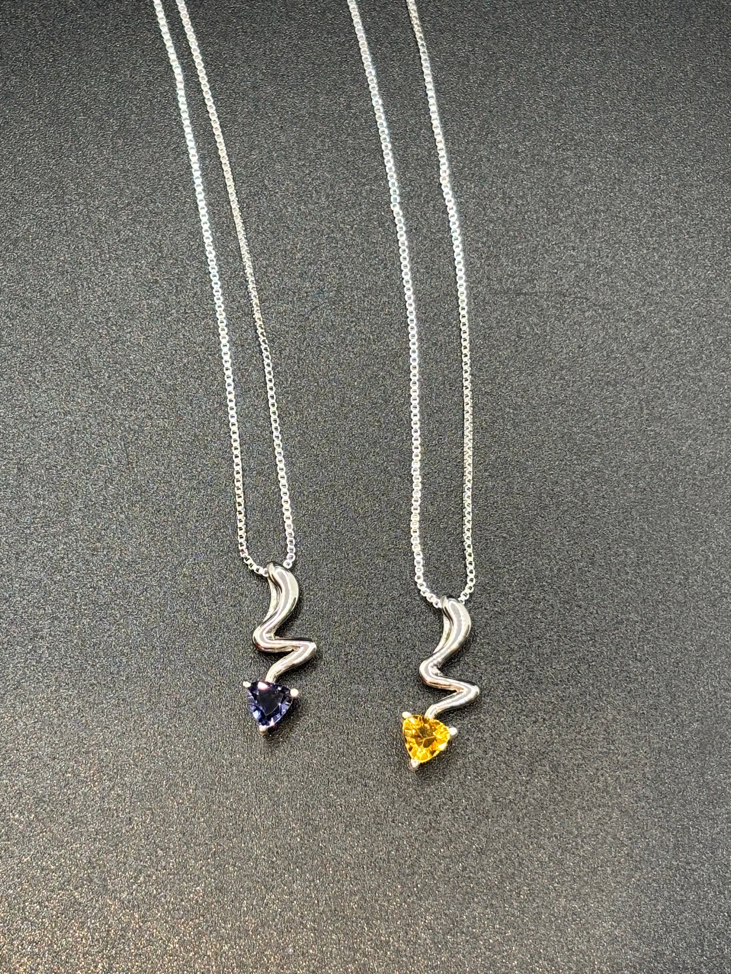 18” sterling silver box chain with yellow or purple stone pendant