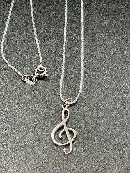 Sterling silver music symbol pendant on 18” sterling silver box chain