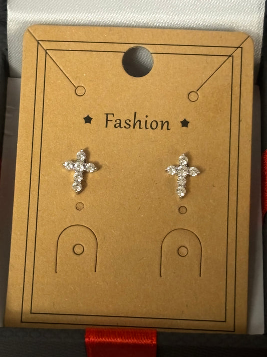 Sterling silver & white sapphire cross stud earrings