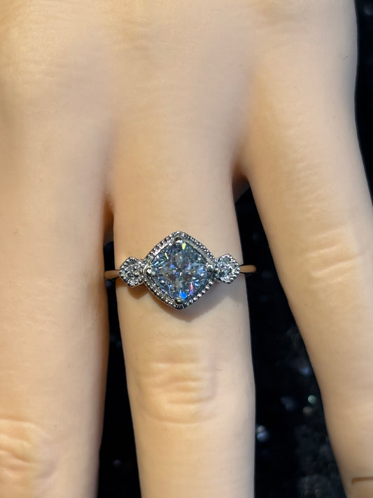 10k white gold vintage ring restored & reset with a 1ct cushion Moissanite, size 6.5