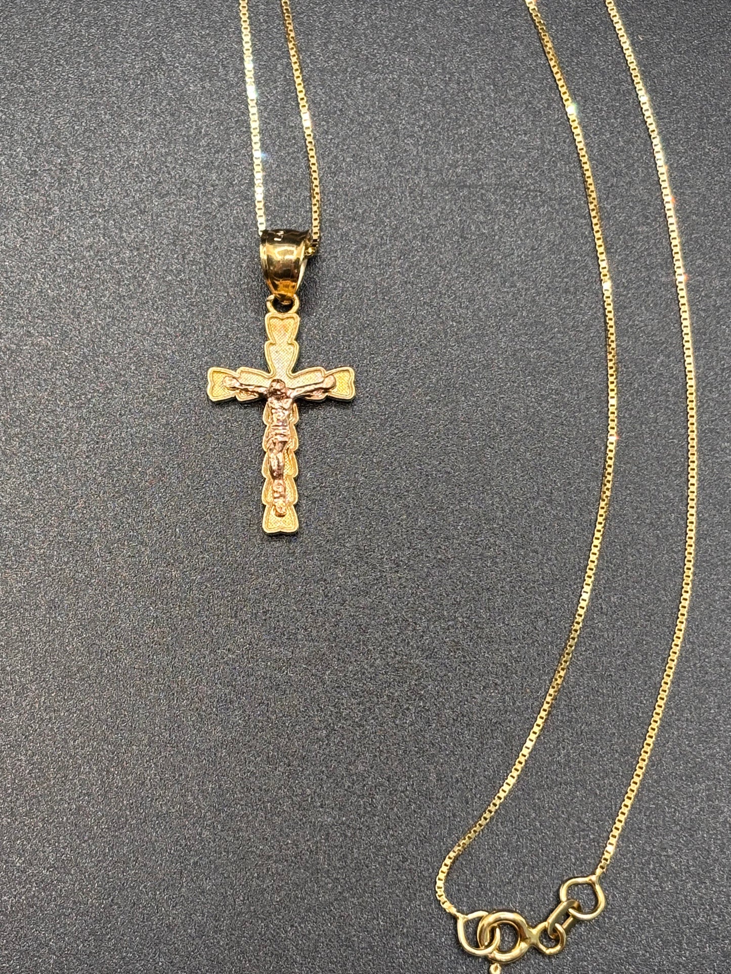 14k y/g 18” box chain with 10k gold crucifix cross