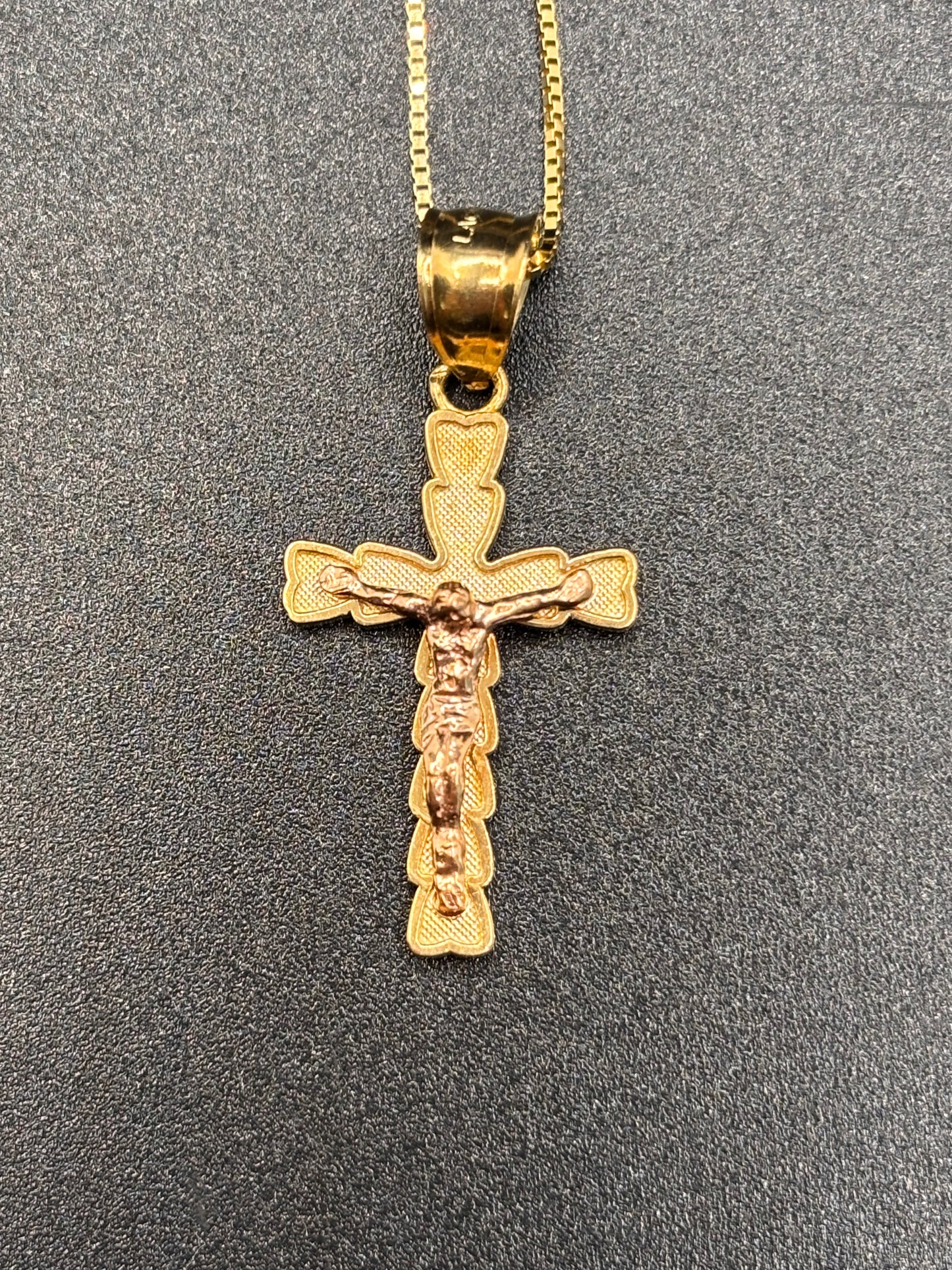 14k y/g 18” box chain with 10k gold crucifix cross