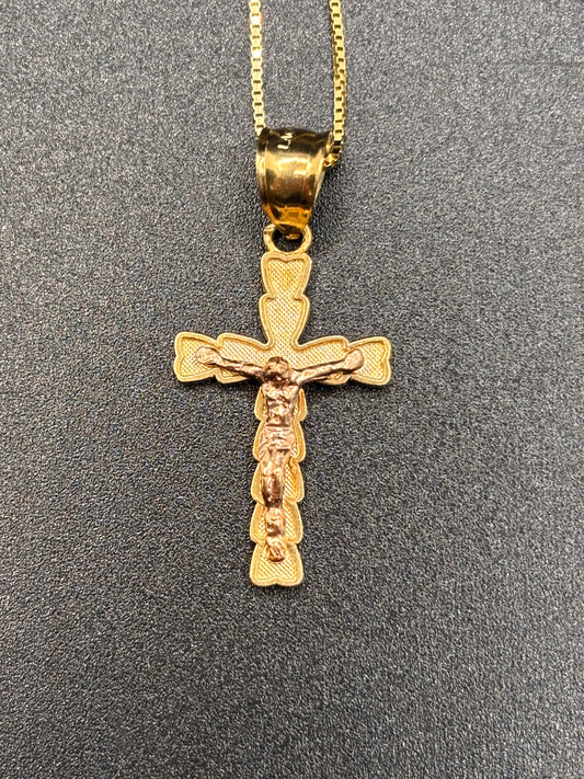 14k y/g 18” box chain with 10k gold crucifix cross