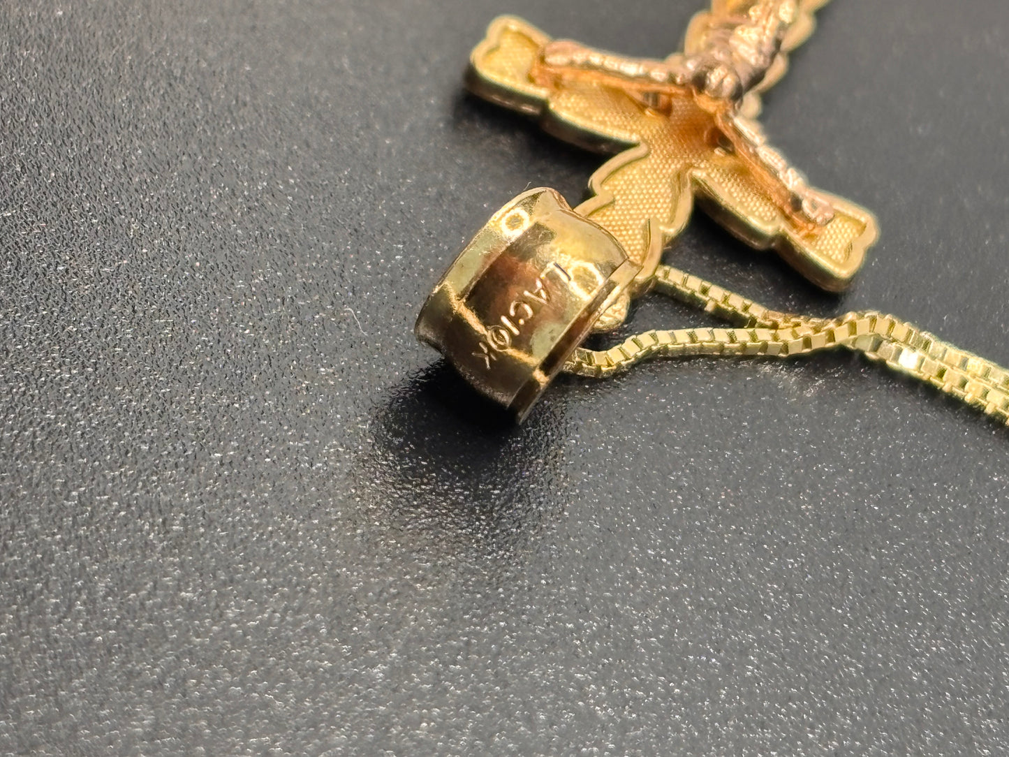14k y/g 18” box chain with 10k gold crucifix cross