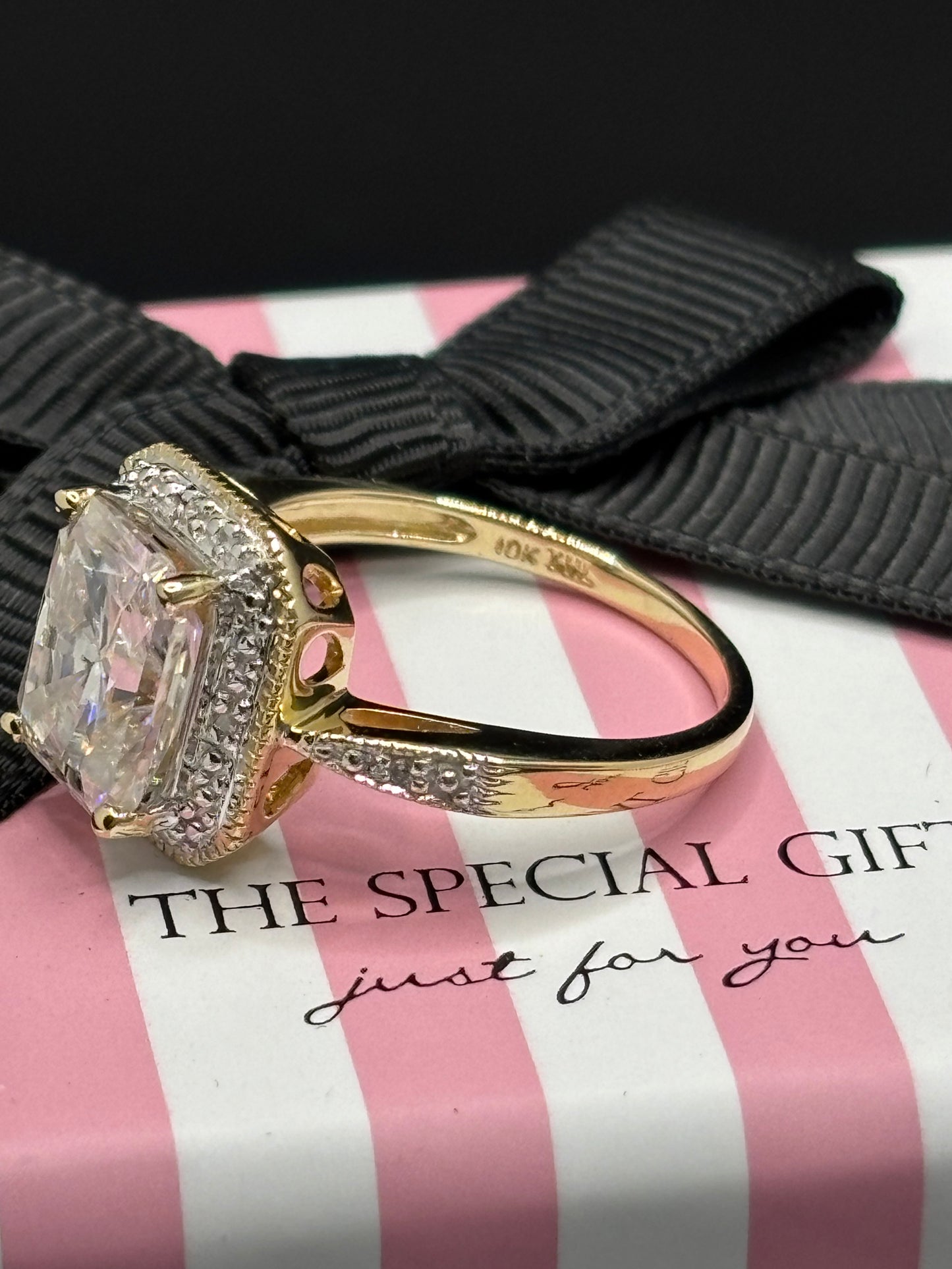 3ct radiant cut Moissanite & 10k gold ring, size 5.75