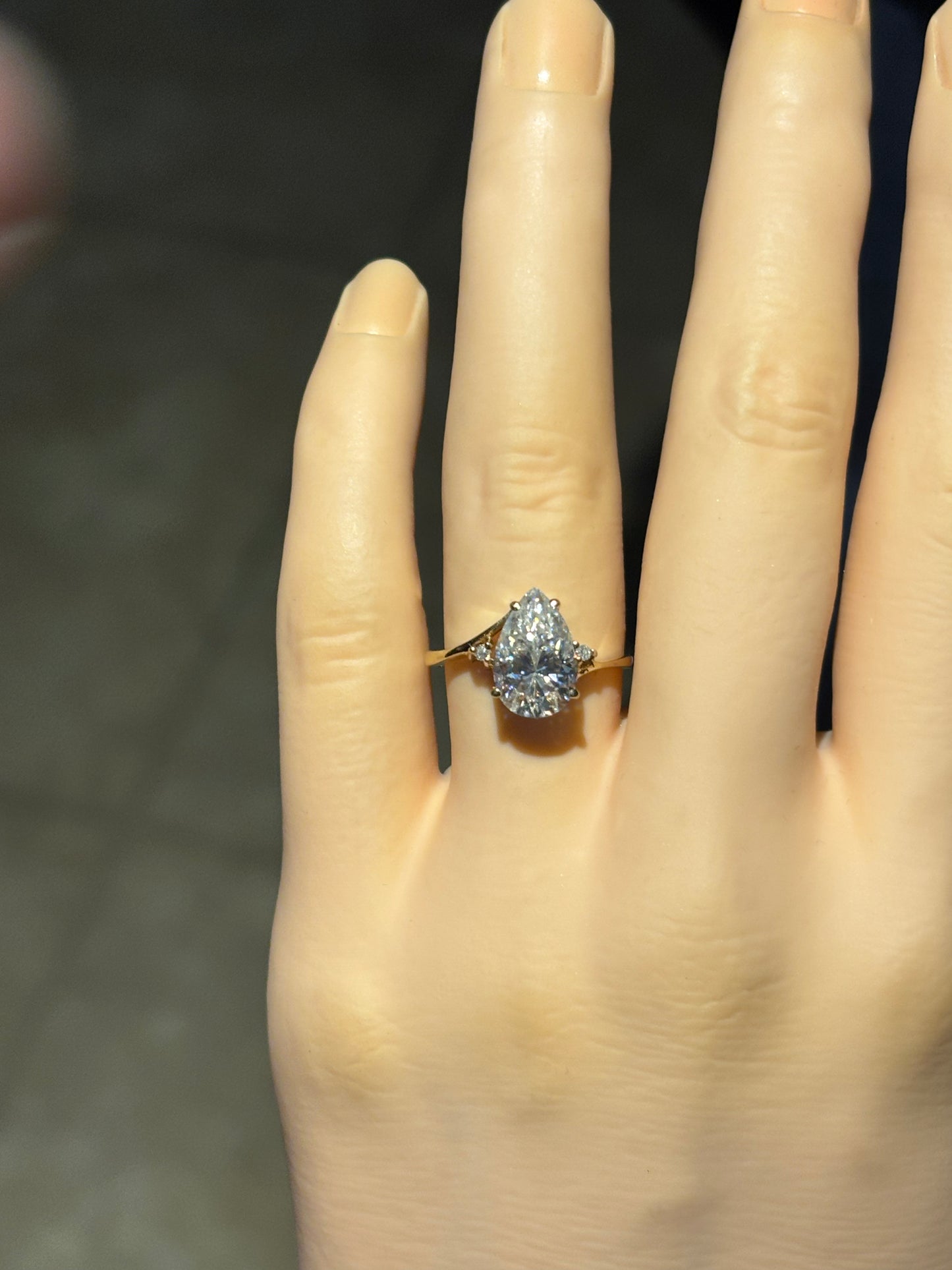 10k yellow gold & 3ct pear Moissanite ring, size 6.5