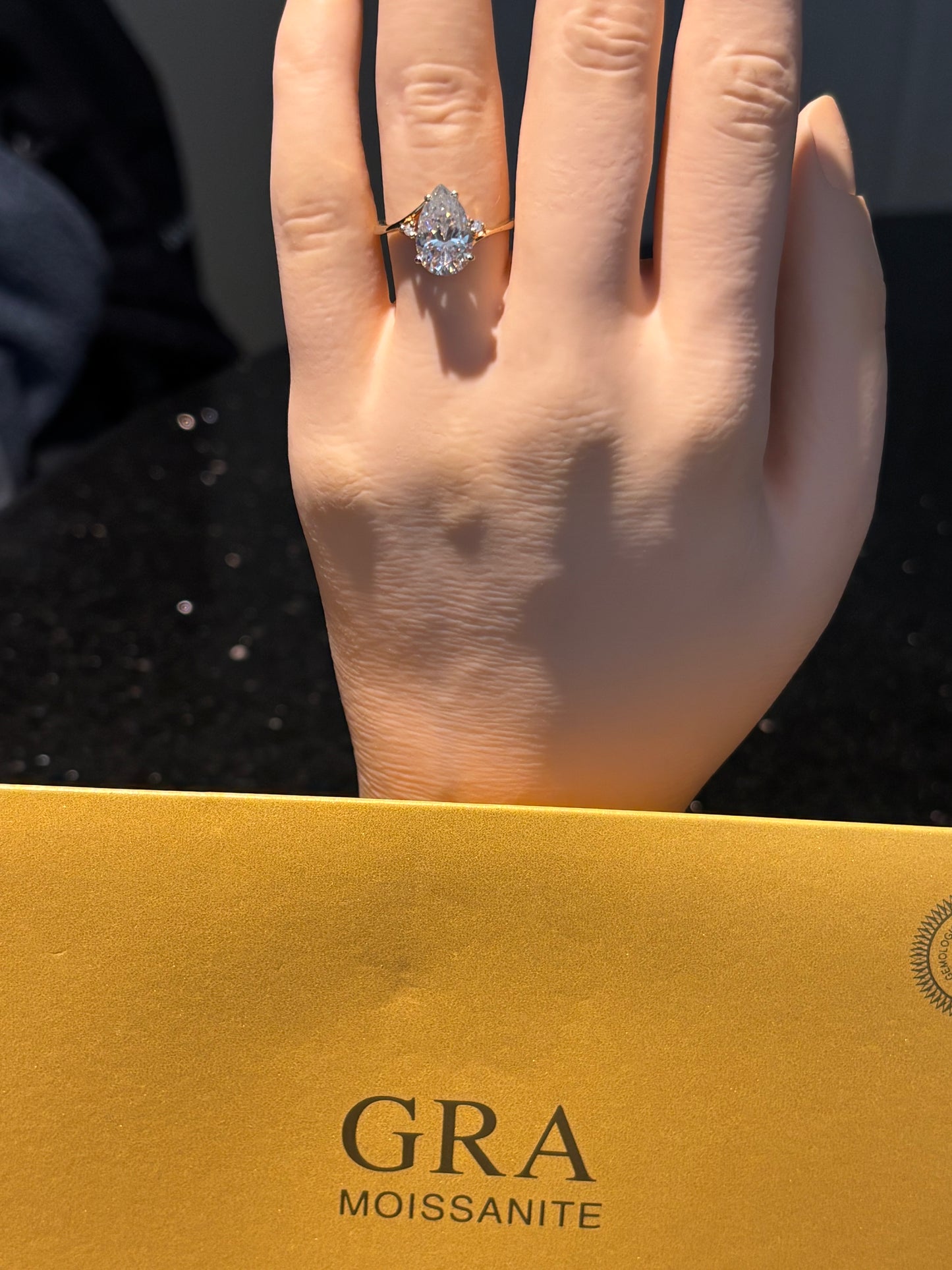 10k yellow gold & 3ct pear Moissanite ring, size 6.5