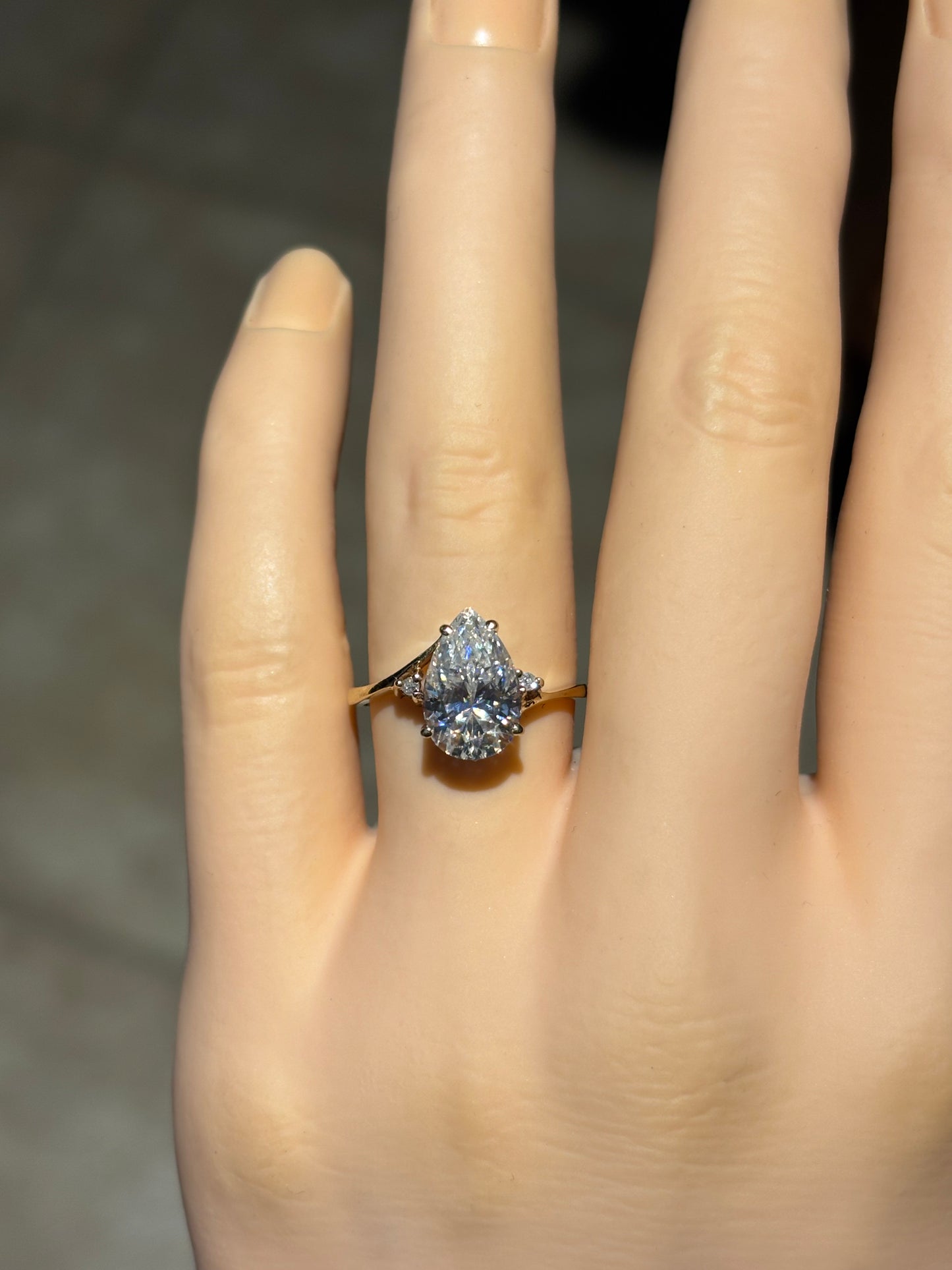 10k yellow gold & 3ct pear Moissanite ring, size 6.5