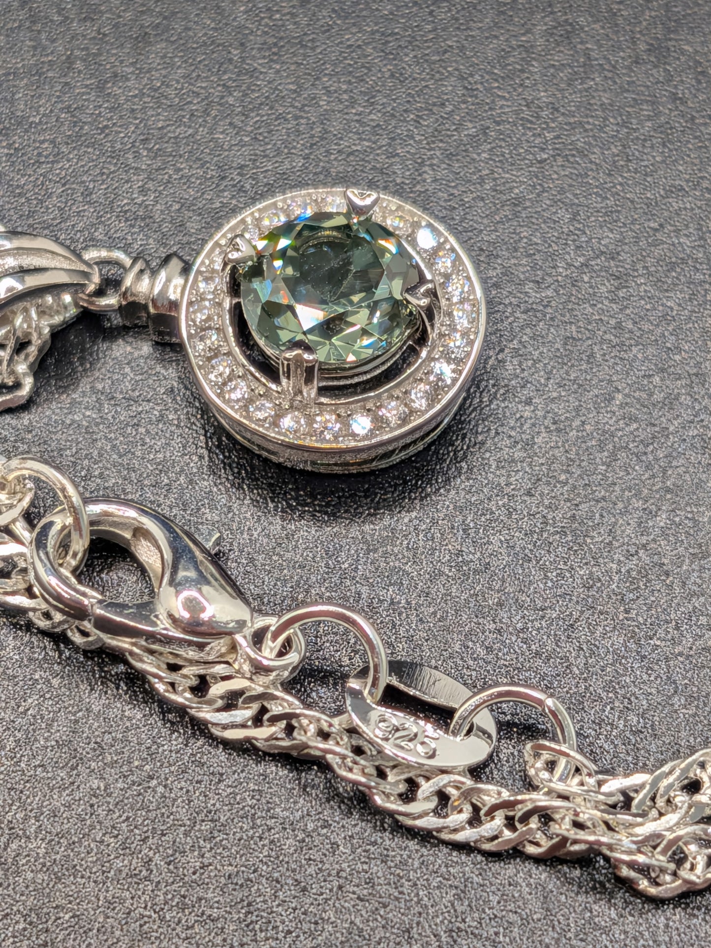 18” Sterling Silver twist rope chain & green jadeite/iolite sterling pendant