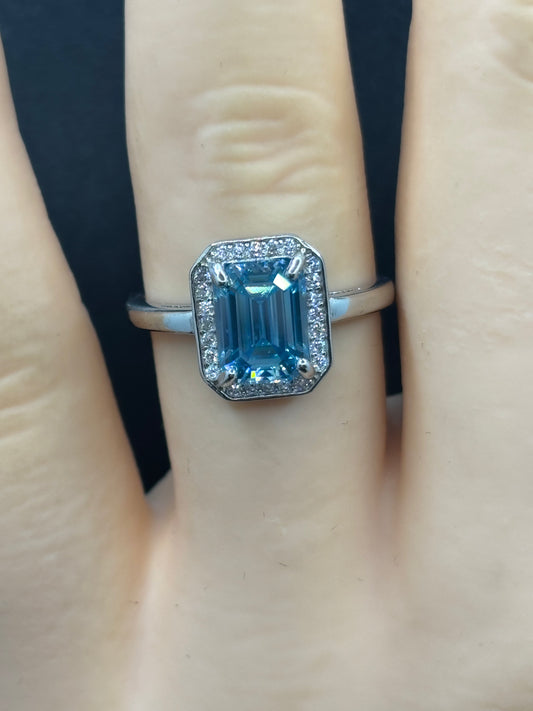 2ct blue Moissanite in Sterling Silver adjustable size halo ring