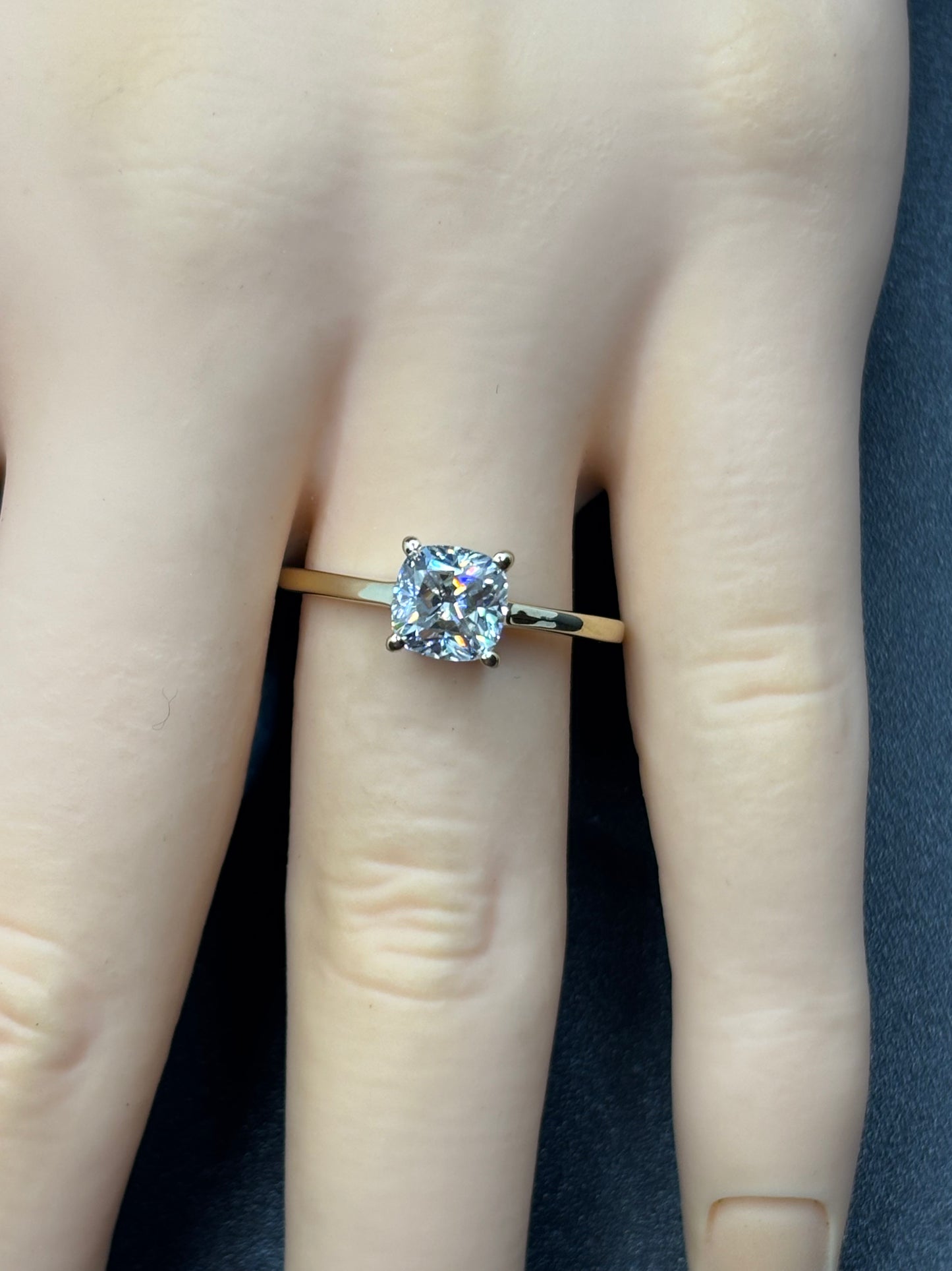 10k yellow gold ring with a 1 carat cushion cut Moissanite, size 7