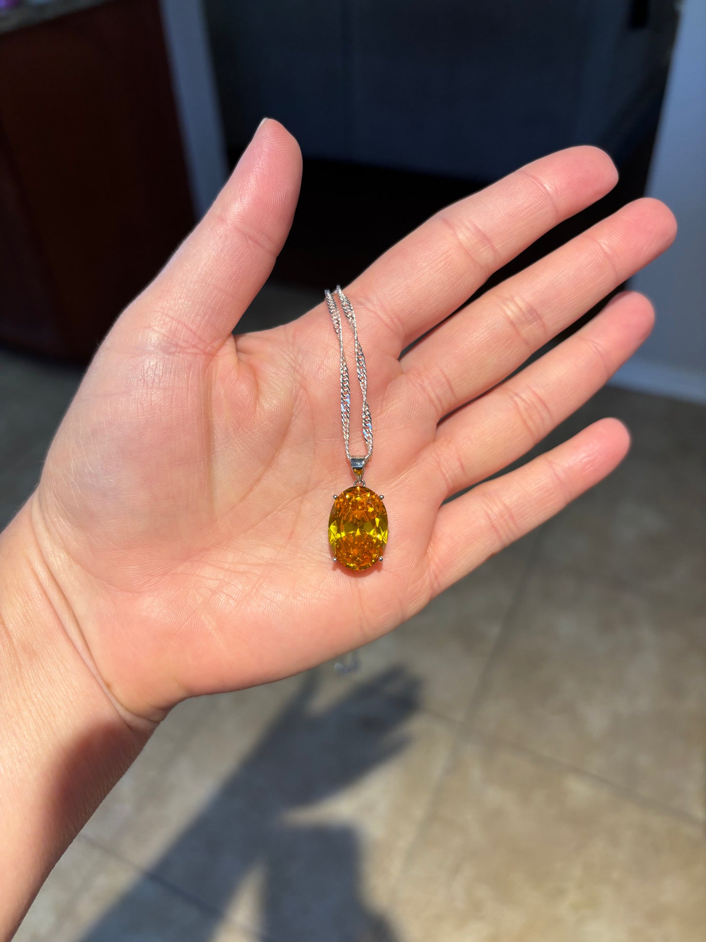 Large synthetic citrine in sterling silver pendant & twist rope chain, 18 inches long