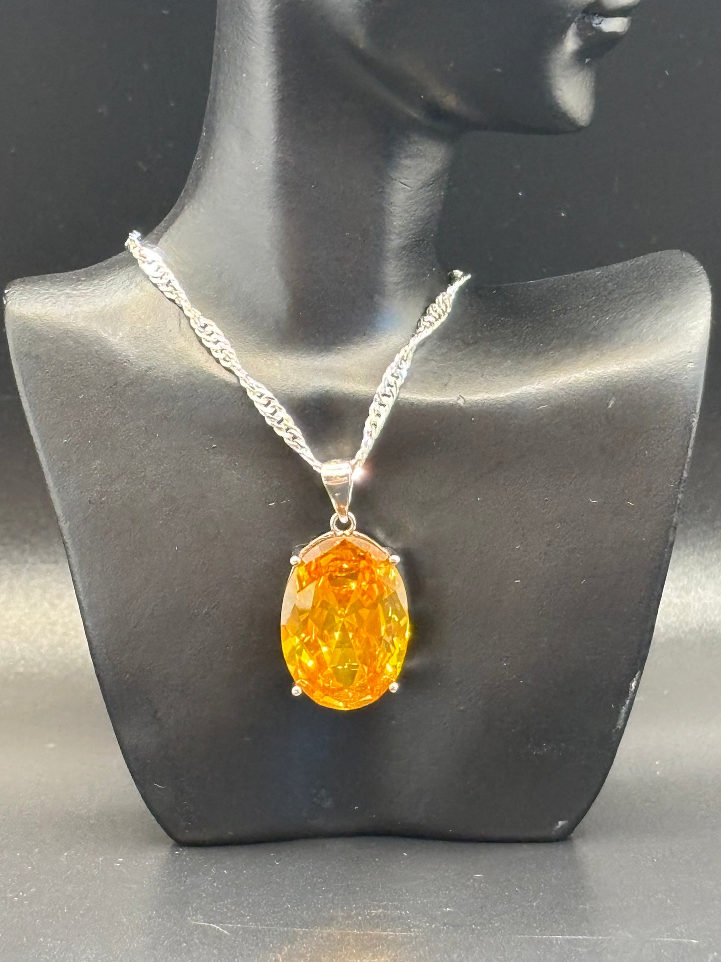 Large synthetic citrine in sterling silver pendant & twist rope chain, 18 inches long