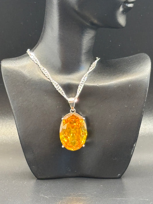 Large synthetic citrine in sterling silver pendant & twist rope chain, 18 inches long