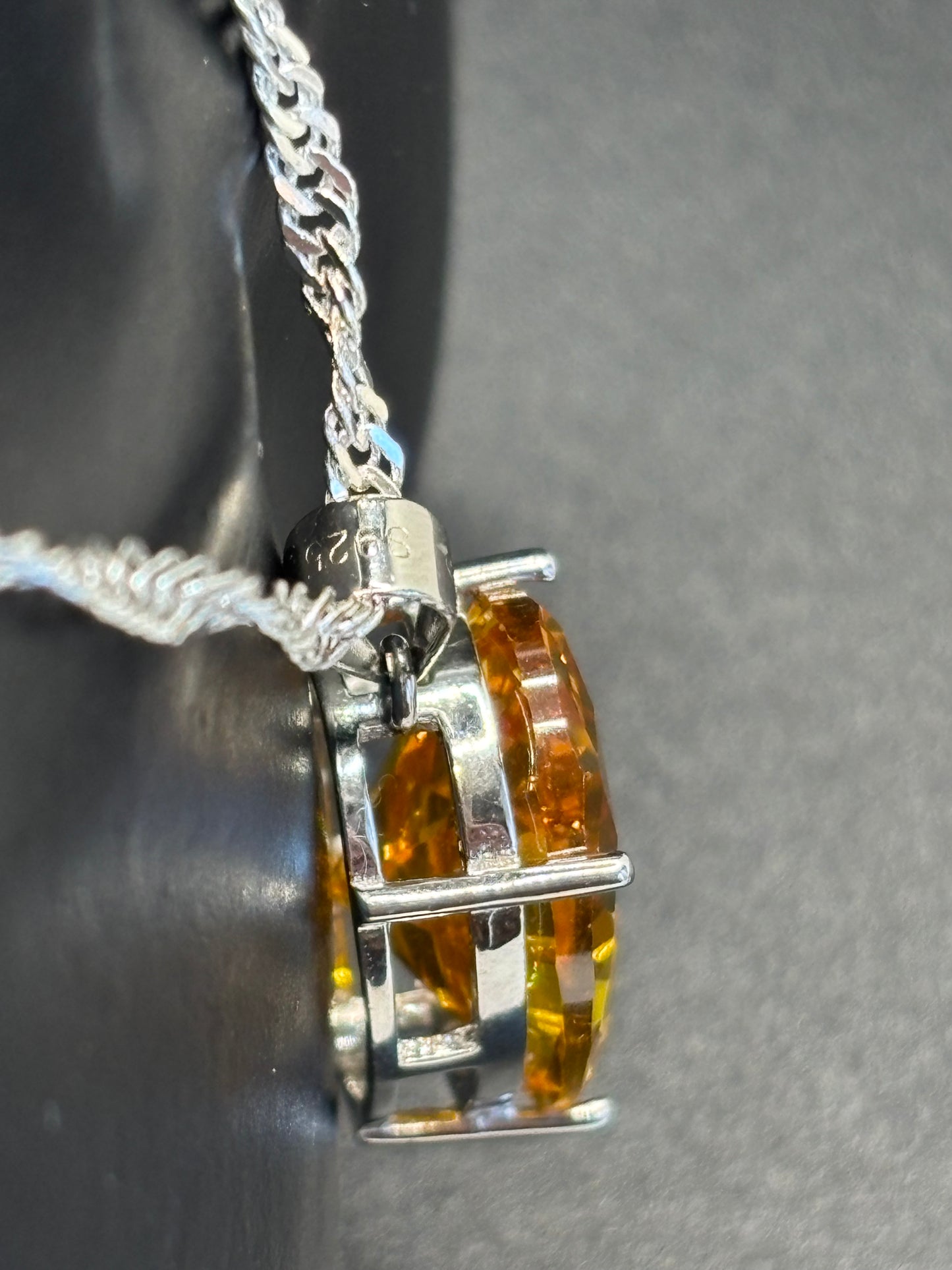 Large synthetic citrine in sterling silver pendant & twist rope chain, 18 inches long