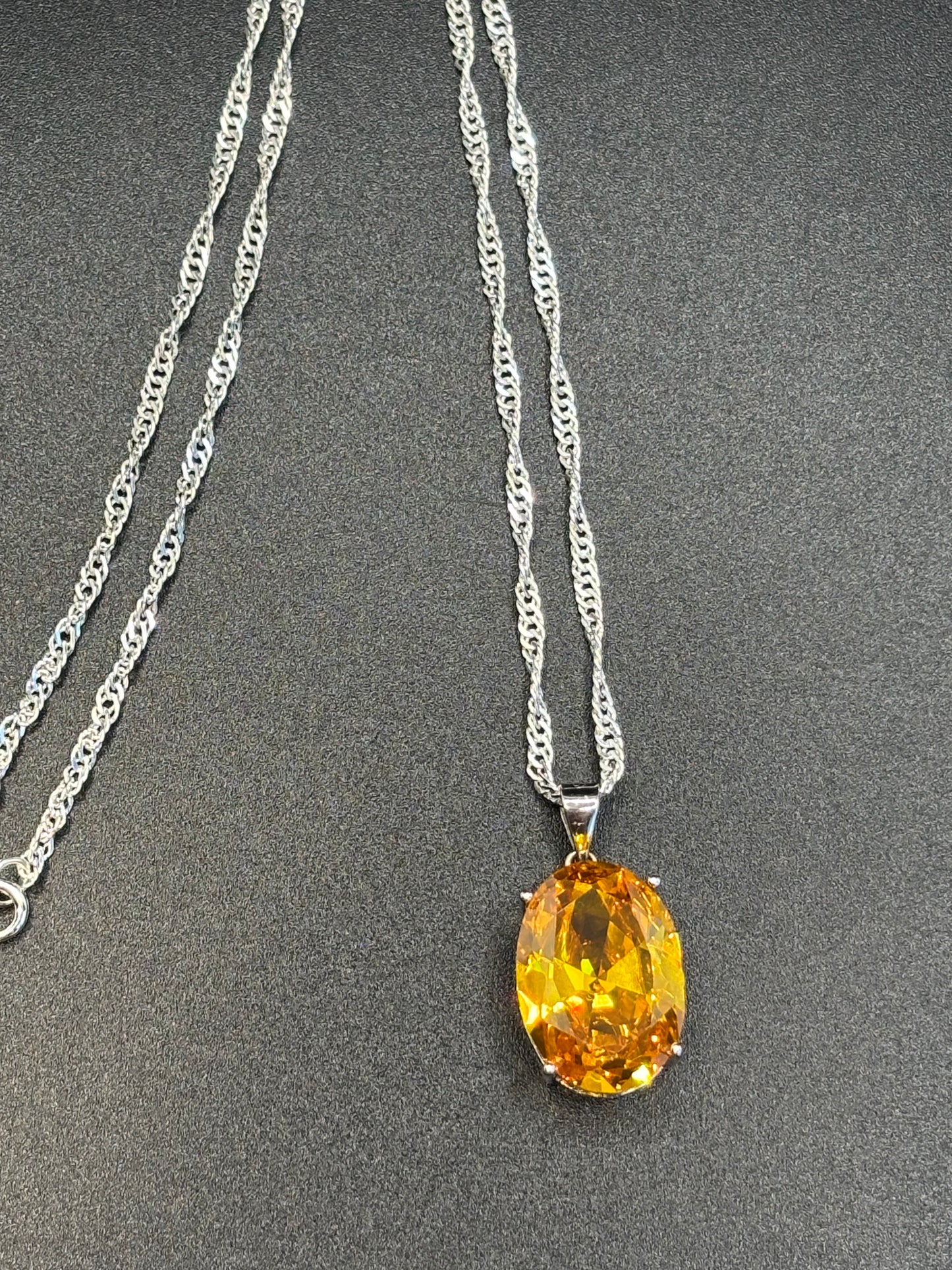Large synthetic citrine in sterling silver pendant & twist rope chain, 18 inches long